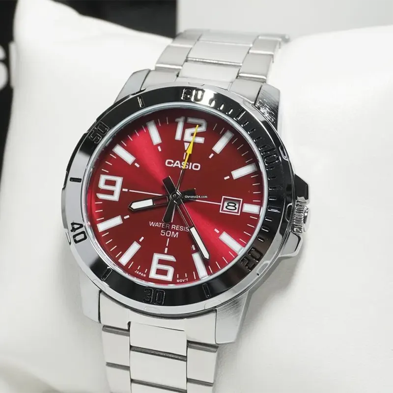 Casio Enticer Red Dial Silver Band Men's Watch- MTP-VD01D-4BV